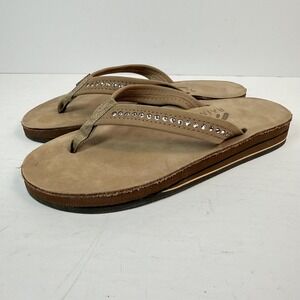 Rainbow Sandals Womens Size 6 Beige Leather Wedge Flip Flops Rhinestone Comfort